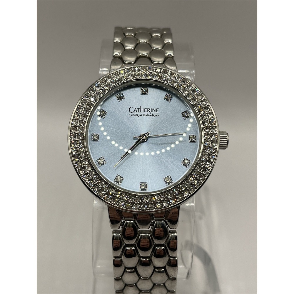 Catherine Malandrino Women's Quartz Watch Silver Rhinestone Bezel- New Battery‎